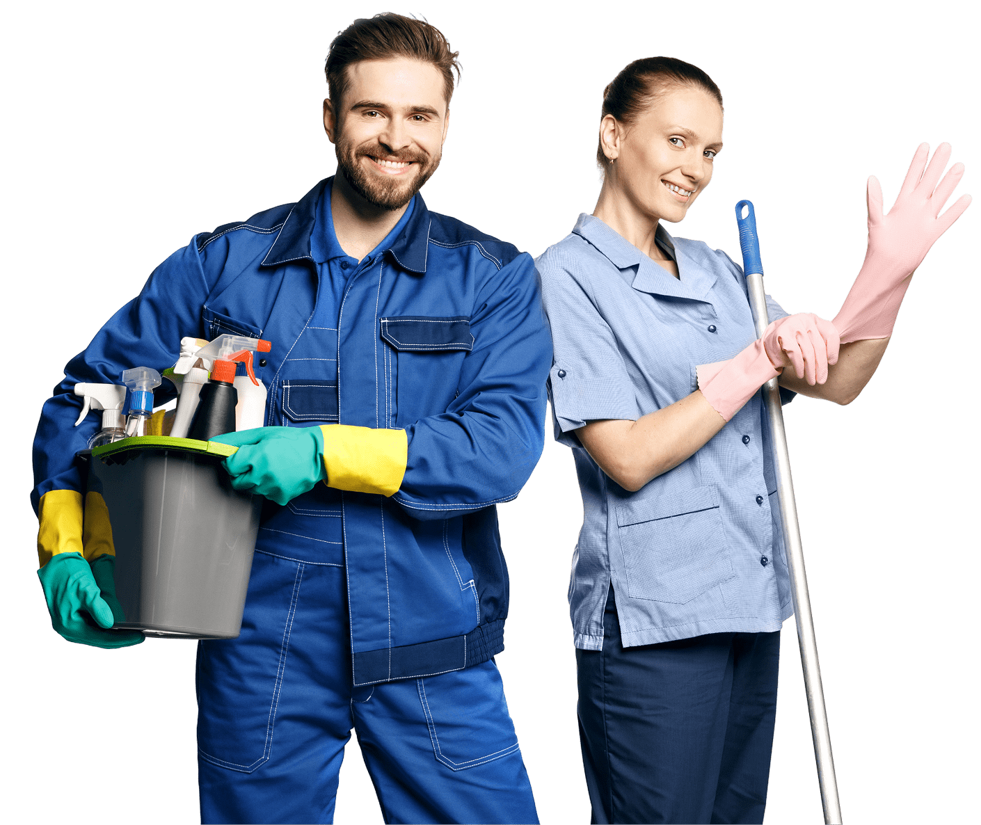 Cleaning professionals with supplies and gloves.