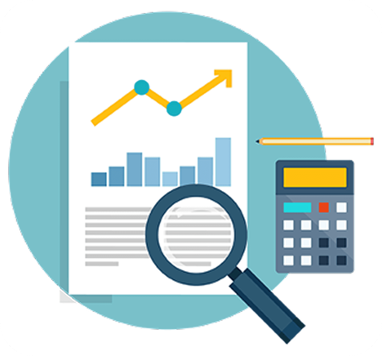 Graph, magnifying glass, calculator, and pencil illustration.
