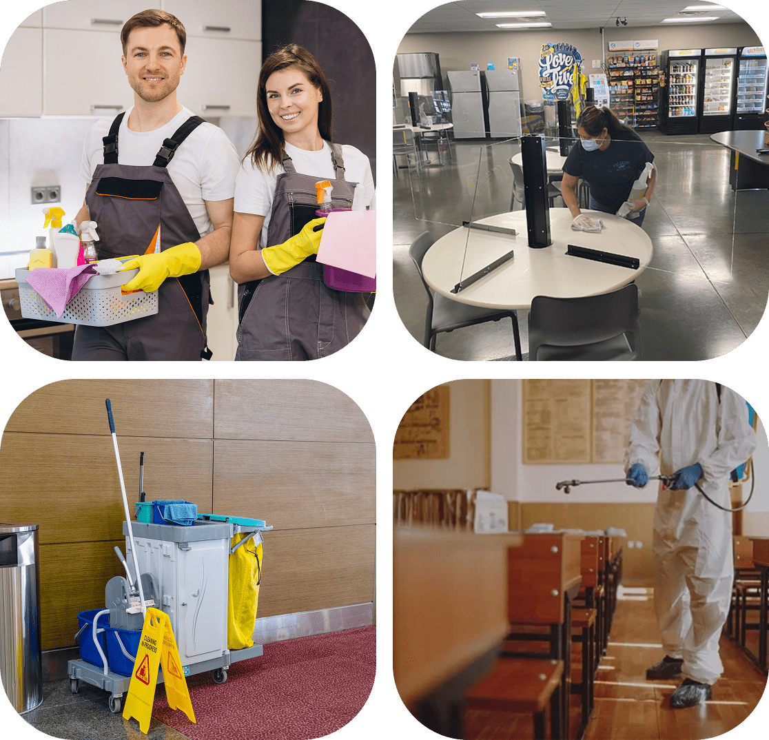 Cleaning staff and equipment in various settings.