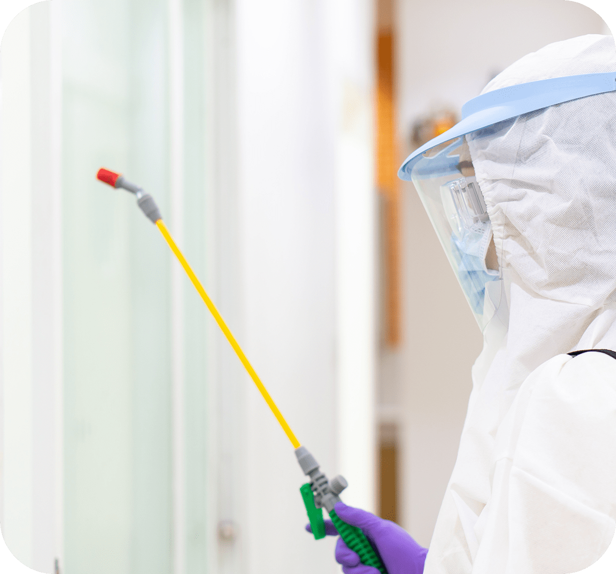 Person in protective gear spraying disinfectant.